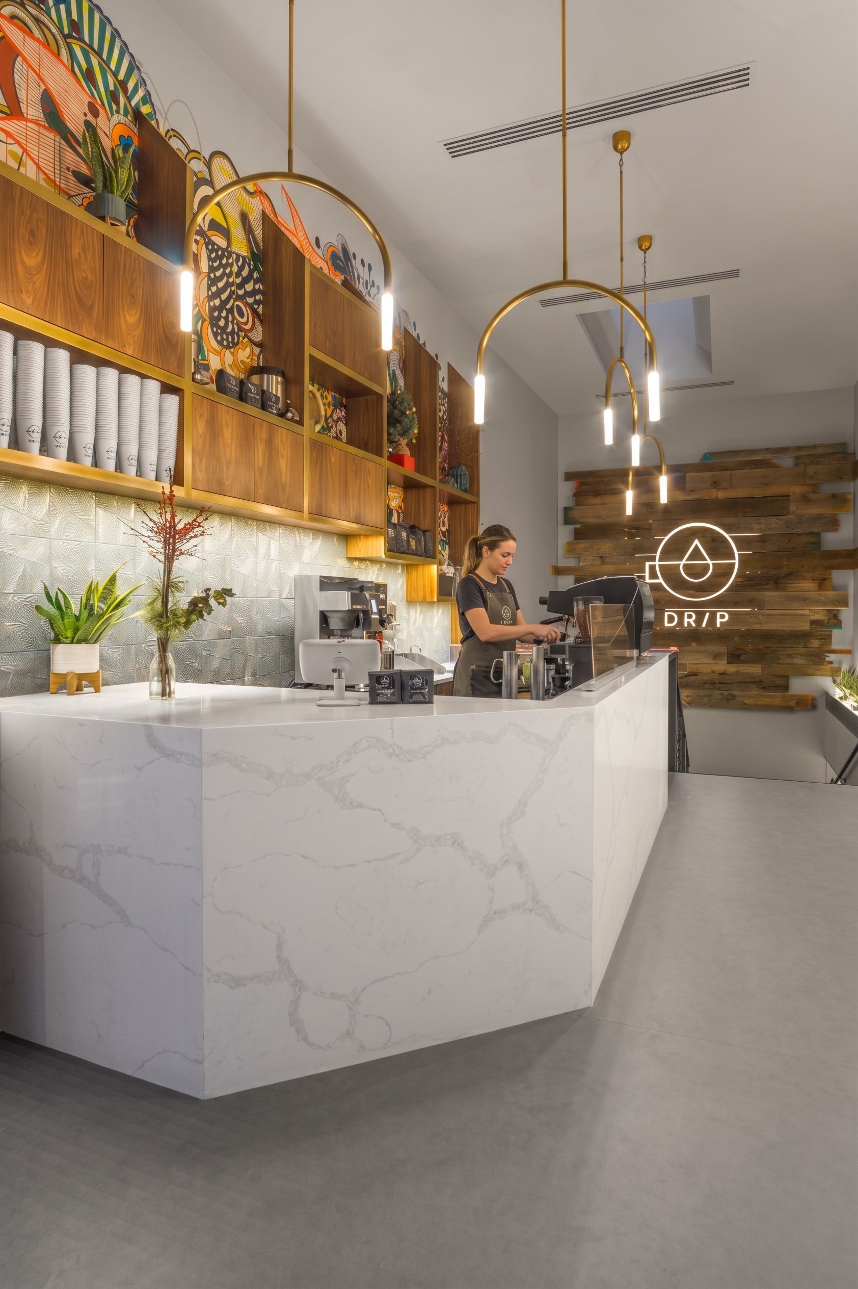 DRP Cafe — specialty coffee shop, storefront design, warm interior